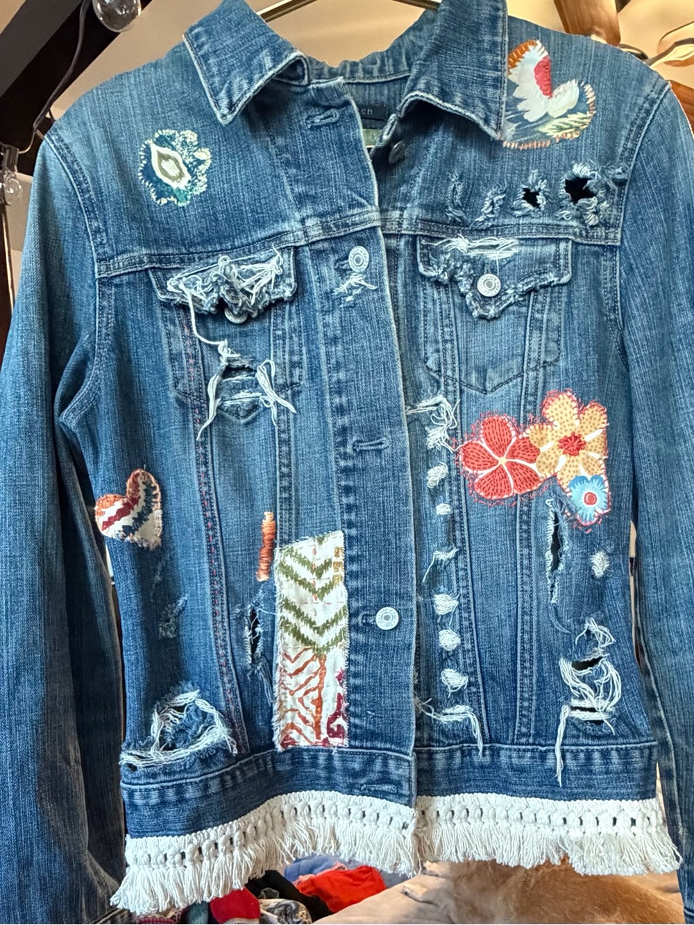 OOAK M Destroyed Upcycled Embroidered Denim Jean Jacket Tassel trim, BOHO Unique